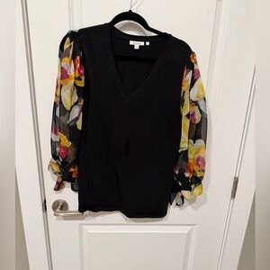 Chico's Black Blouse with Floral Sheer Sleeves